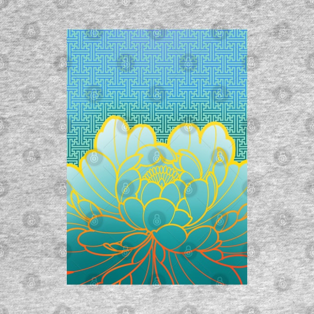 turquoise peony flower and sayagata pattern by weilertsen